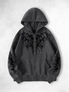 Men's Dark Campus Fashion Graphic Zipper Hoodie, Street Style Fitted Sweatshirt, Fall & Winter New Arrival, Trendy Spring Apparel