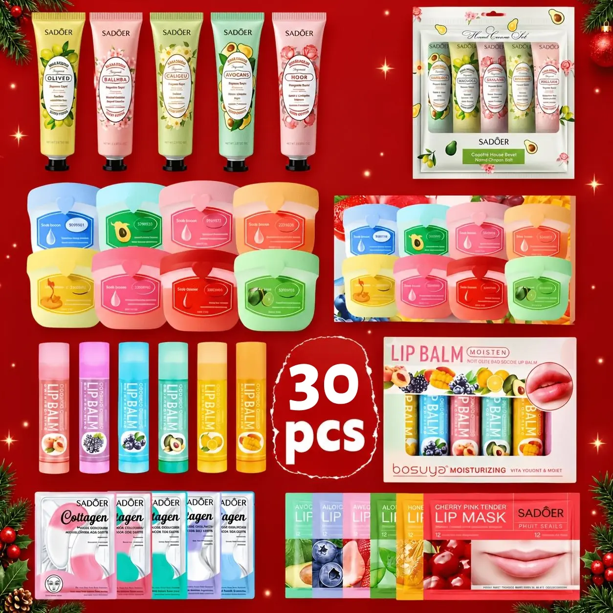 30-piece fruit lip care set with hand cream, available in various fragrances; moisturizing lip balm and eye care for soft, dry lips; compact and portable for travel; a great gift for women for holidays and parties; plant oil treatment.