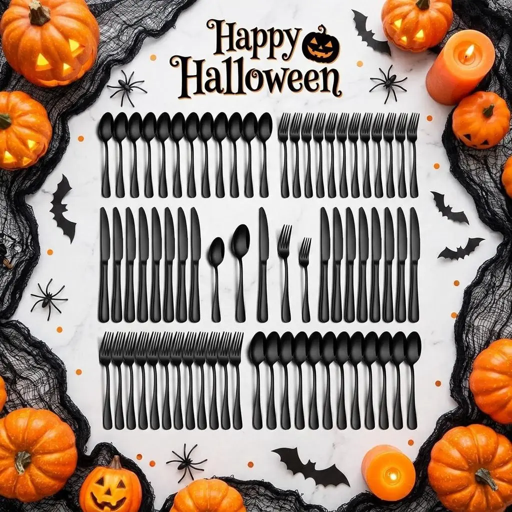 【Halloween Deals】 Stylish 60-Piece Stainless Steel Oval Cutlery & Tableware Set for 12 Adults, Silver-Black, Corrosion-Resistant, Dishwasher Safe, Includes Dinner Knives, Salad Forks, Dessert Spoons, Slv-60pcs-Set, Boxed Household Items