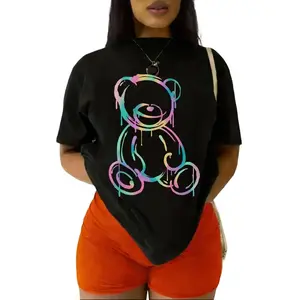 Cartoon Bear Print Drop Shoulder Tee Graphic Tees Women Tops Tik Tok Shop T-Shirt Casual Cotton Breathable Knitted Short Crewneck Streetwear Summer Tshirt