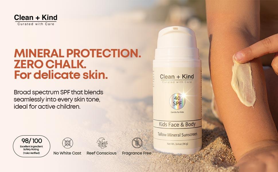 Clean + Kind Kids Tallow Mineral Sunscreen SPF 40 — Zero Toxins, Reef-Safe, Gentle for Babies & Kids 6M+ | 3.4 oz