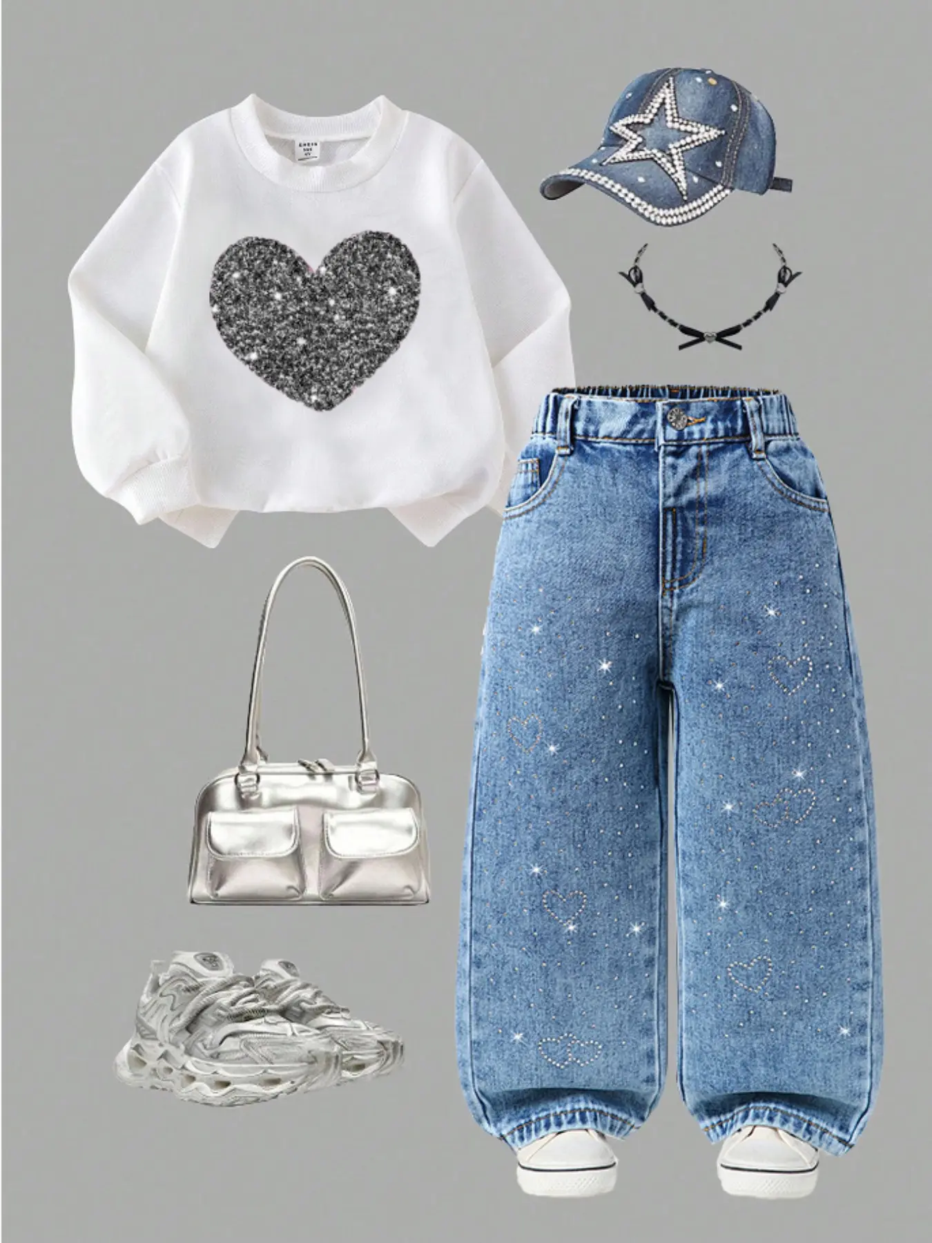 Girls' Denim Jeans Autumn Winter New Arrival High Quality Jeans Light Blue Washed Y2K Style Rhinestone Straight Leg Pants Comfortable Cotton Fabric Casual Loose Jeans