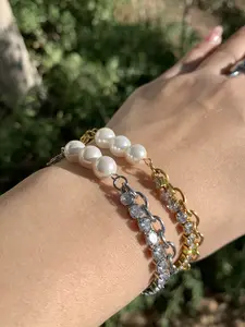 4 Chain All in One Bracelet - 18k Gold and/or Sliver Stainless Steel - Pearls, Zircon, Rolo, and Cuban Chains