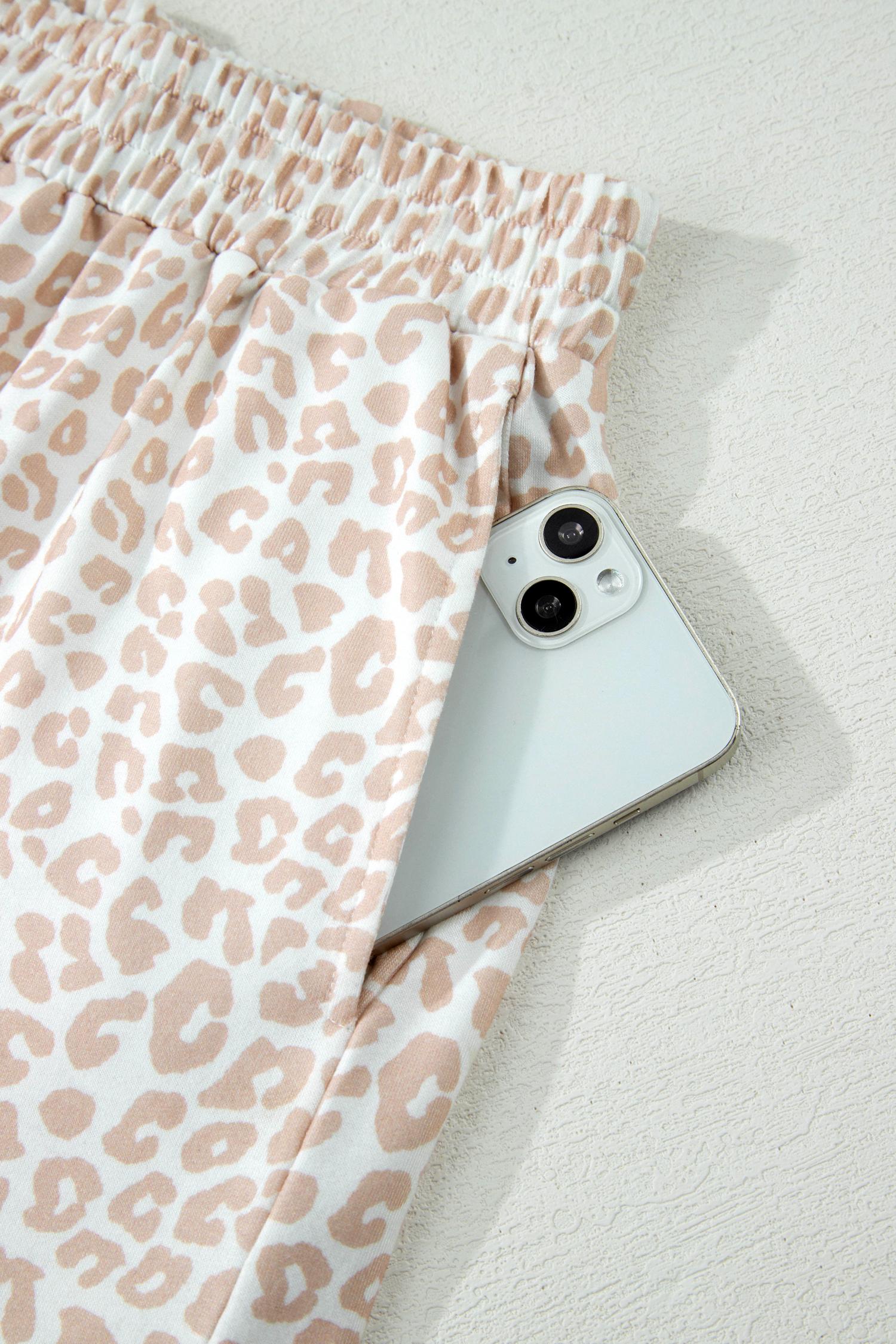 Women's Beige Leopard Zip Polo Top 2pcs Short Set, Casual Everyday Flowy Loungewear Sets for Women, Cute Preppy Ruffle Sleeve Two Piece Outfits, Chic Boho Summer Matching Suits, Athletic Aesthetic Pajamas Apparel