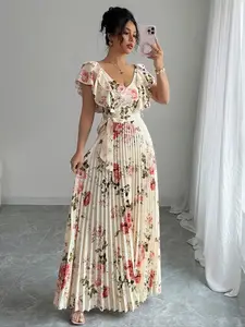 Women's V Neck Floral Print Elegant Folded Long Dress, High Tie-waist Slim Fit A-Line Party Dresses, With Ruffled Short Sleeves, Elegant and Romantic Women's Dresses, Floral Pattern Dress