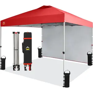 CROWN SHADES 10x10 Pop Up Canopy with 1 Side Wall - Beach Tent with One Push Setup - Outdoor Sun Shade for Events, Parties, Camping - Gazebo with STO-N-Go Cover Bag (Red)