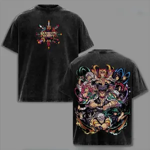 Unisex Demon Slayer Kimetsu no Yaiba Vintage Washed Oversized Heavy Cotton Sports T-Shirt, Double-Printed Hashira & Demon Battle Graphic Top, Acid-Wash Retro Streetwear, Anime Merch Gift for Fans