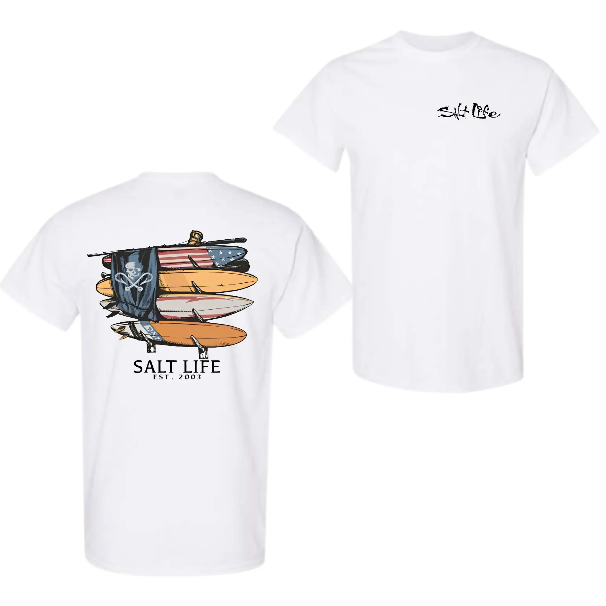 Salt Life Surf Stack T-Shirt, Surfboards and Pirate Flag Graphic Tee for Men Women, Soft Cotton Beach Casual Streetwear, Coastal Living Summer Outfit, Graphic T Shirts, Shirt, Men’s Beach Shirts, Vintage Graphic Tees outdoorfun