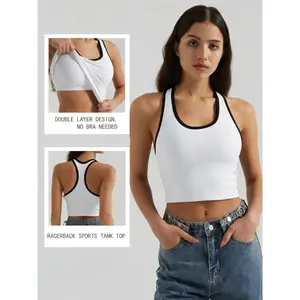 Women's Sporty Colorblock Tank Top, Dual-Layer Design Without Innerwear, Removable Pads Short Workout Shirt for Yoga & Fitness, Yoga Workout Vest