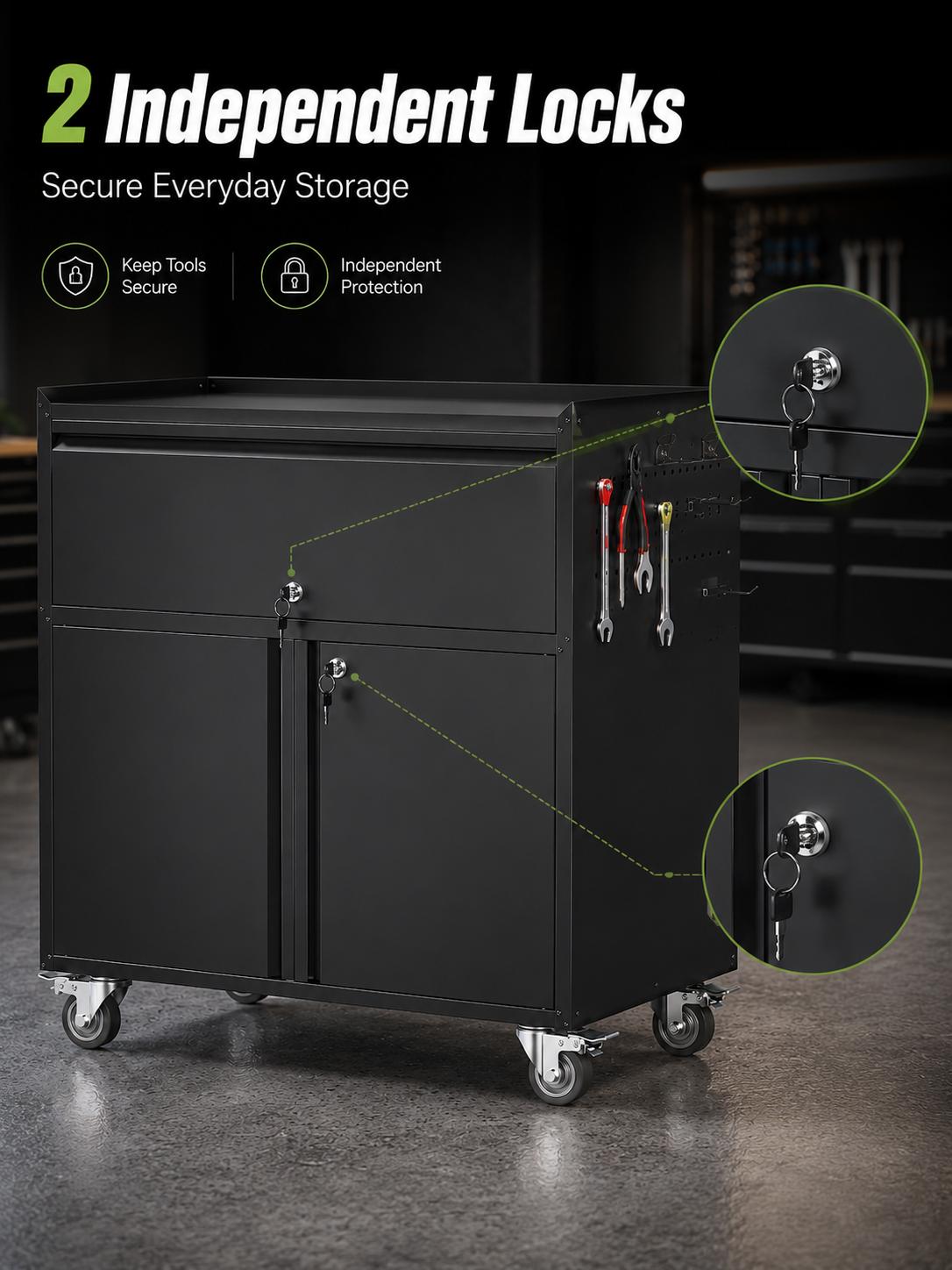 Rolling Tool Cabinet with Wheels, Heavy Duty Metal Garage Storage Cabinet, Lockable Tool Chest with Drawer and Doors, Mobile Workbench Organizer with Side Pegboard Hooks, Utility Storage Cabinet for Tool Room, Workshop, Garage, Home Office, Repair Station