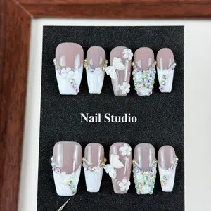 10pcs high-end Simple and pure sensual style, hand-painted three-dimensional patterns, bowknots, dazzling stacked diamonds handmade fake nails, Ideal for spring outings, park visits, Mother's Day and Thanksgiving activities - these nail stickers
