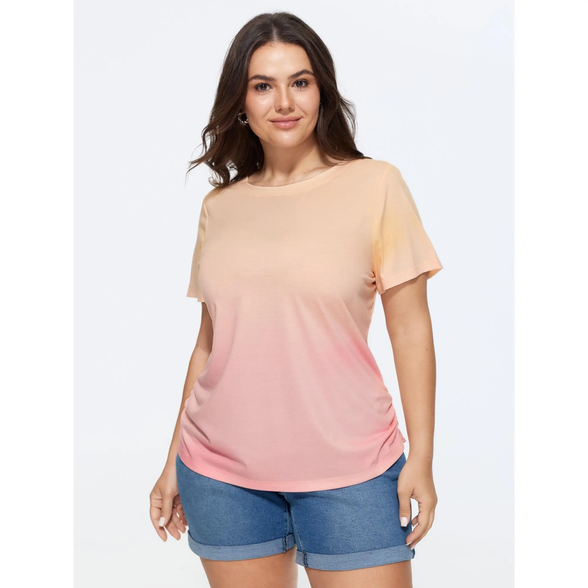 BLOOMCHIC Women's Plus Size Supersoft Gradient Blend Short-Sleeve Round Neck Casual Top, Spandex Garment [M-6X] 2026 Summerfinds, Tops, Fabric, Multicolor, Fit, Shortsleeve, Comfy Casual, Gradient Mix, Spandex Blend, Colorful Style