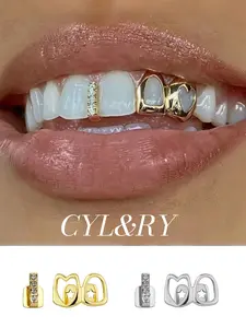 CYL&RY 14K Gold Plated CZ Encrusted Heart Star Hollow-Out Dual Tooth Cap Set, Tooth Gem For Woman Man, Gold and Silver Options, Perfect for Y2K Aesthetic Outfits, Brunch Dates, Daily Commutes, Music Festivals, Club Nights and TikTok Photoshoots