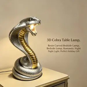 Vintage Cobra Table Lamp, Silver and Gold Snake LED Night Light, Creative Serpent Desk Decor Lamp, Gothic Ambient Lighting for Study Room, Bedroom, Office, Collectible Home Accent