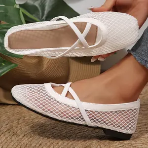 Women’s Mesh Square Toe Ballet Flats Ankle Strap Summer Comfy Fishnet Ballerina Flat Shoes Casual Office Breathable Lightweight Shoes for Daily Vacation