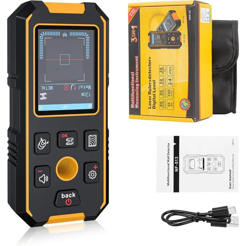 3-in-1 Rechargeable Stud Finder Wall Scanner Detector Tool with LCD Display, Audio Alarm – Detects Joists, Pipes, Wires, Magnetic & Non-Magnetic Metal, Wood