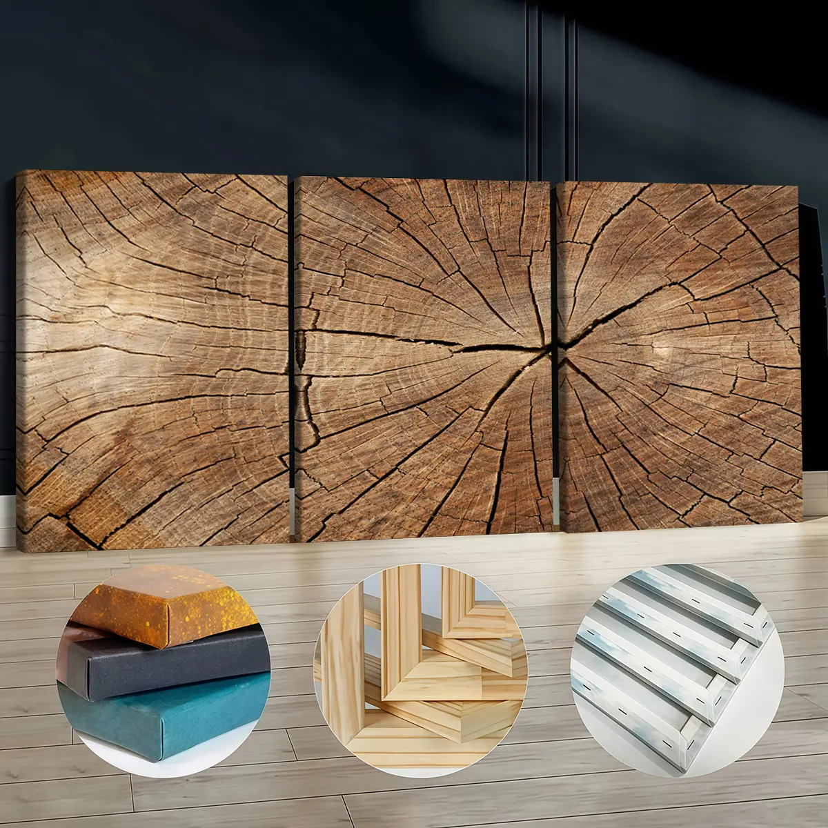 3Pcs Pine Wood Framed Canvas Wall Print Set - Cracked Wood Texture, Waterproof, Odorless Exquisite Artwork, 30x40cm(11.8x15.7inch) Home Decor for Living Room, Bar, Kid Room