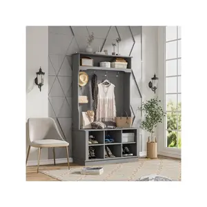 FUFU&GAGA Living Room Modern 4-in-1 Entryway Bench with Coat Rack, Tall Hall Tree with 4 Metal Hooks, Shelves & 6 Cubes Shoe Storage Mdf Board Durable Construction Elegant Appearance