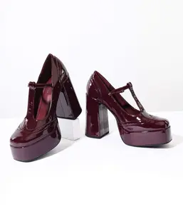 Burgundy Patent Leatherette T-Strap Platform Mary Jane Heels