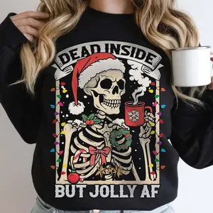 Dead Inside Skeleton Christmas Sweatshirt, Coffee Lover Christmas Sweater, Dead Inside But Jolly AF Shirt, Skeleton Christmas Lights Shirt 6NZ