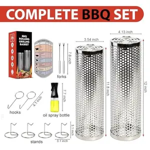 Rolling Grilling Baskets (2 PCS) - 360° Heavy Duty Stainless Steel BBQ Basket, Complete Set for Outdoor Cooking and Party