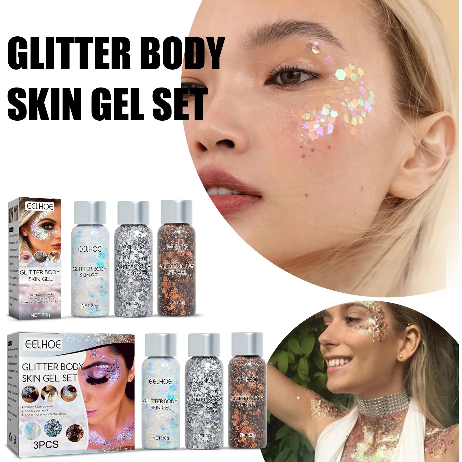 Mica-Based Silver Glitter Gel, 30g Chunky Sequins for Face, Body & Hair, Stage Makeup Formula with Tocopherol
