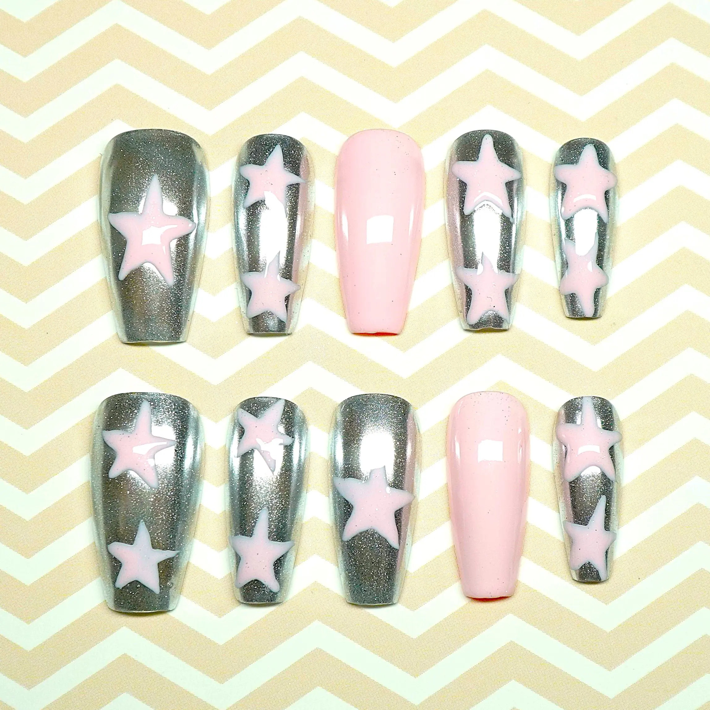 Press-On Nails Medium Length Trapezoid/Coffin Stellar Pink Dream