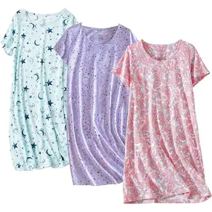 3 Pack Women's Cotton Nightgown Sleepwear Short Sleeves Shirt Casual Print Sleepdress