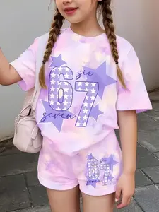 Spring Summer Girls Fashion Casual Set, Round Neck Short Sleeve Tie Dye Letter T-Shirt Top and Shorts Set 2 Piece Kid Summer Clothes Set