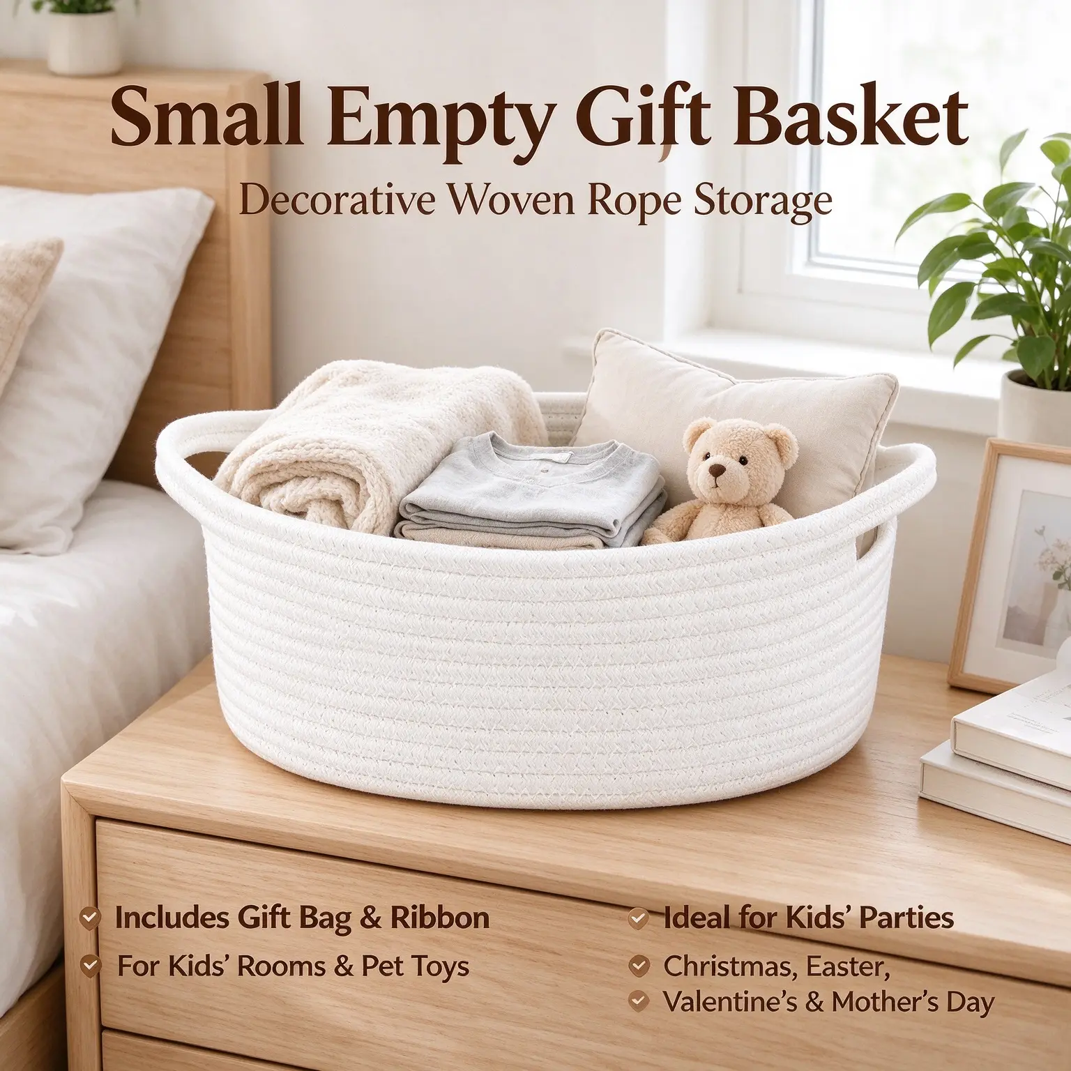 White Cotton Rope Woven Storage Basket with Handles - Home Organizer Bin for Toys/Clothes, Blankets, Towels, Basket for Gift, Decor for Bedroom, Living Room