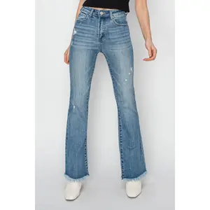 RISEN High Rise Frayed Hem Bootcut Jeans crossover vacation mid waist highwaist flare medium wash risen jean casual jean