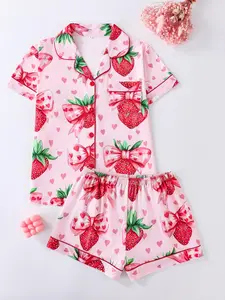 Women's Strawberry & Heart Print Lapel Neck Shirt & Shorts Pyjama Two-piece Set, Ladies Sleepwear for All Seasons, Loungewear