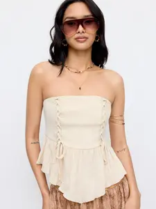 Cider Strapless Ruched Lace-up Peplum Crop Top