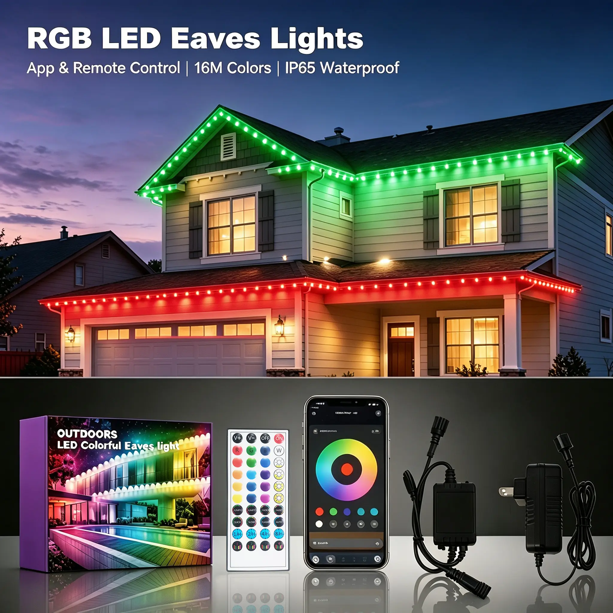 RGB Permanent Outdoor Lights for House – Smart Eaves Lights with App & Remote Control, IP67 Waterproof, Perfect for Christmas & Holiday Decor, Daily & Accent Lighting for House Roof & Garden