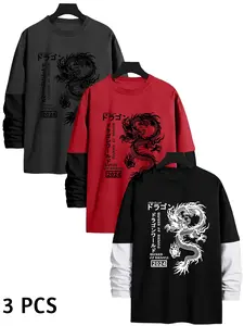 Dragon Pattern 3-Piece Set Faux 2-Piece Autumn Winter Round Neck Long Sleeve T-Shirt, Fashion Casual Street Style Comfortable Top Gift Idea