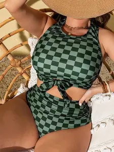 Swim Lushoire Plus Size Women's 2pcs/Set Checkered Print Gather Slim Bikini Swimwear Summer