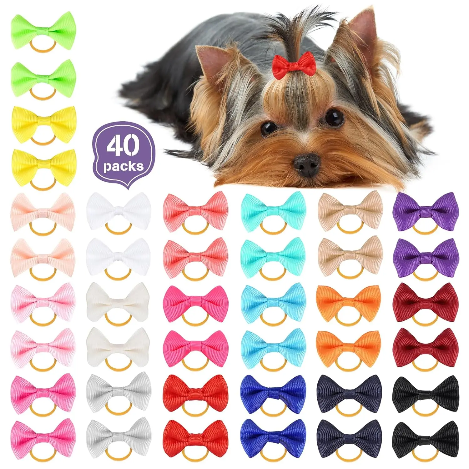 40 count(20pairs) Puppy Yorkie Dog Hair Bow Pure Ribbon with Rubber Band 40mm, Mix Colors Varies Patterns Pet Grooming Products (Pure Color Bows)