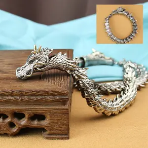 Vintage Chinese Dragon Link Bracelet, 3D Sculpted Dragon Animal Chain, 2-Tone Alloy Retro Oriental Punk Statement Wrist Jewelry, Wholesale Fashion Accessory