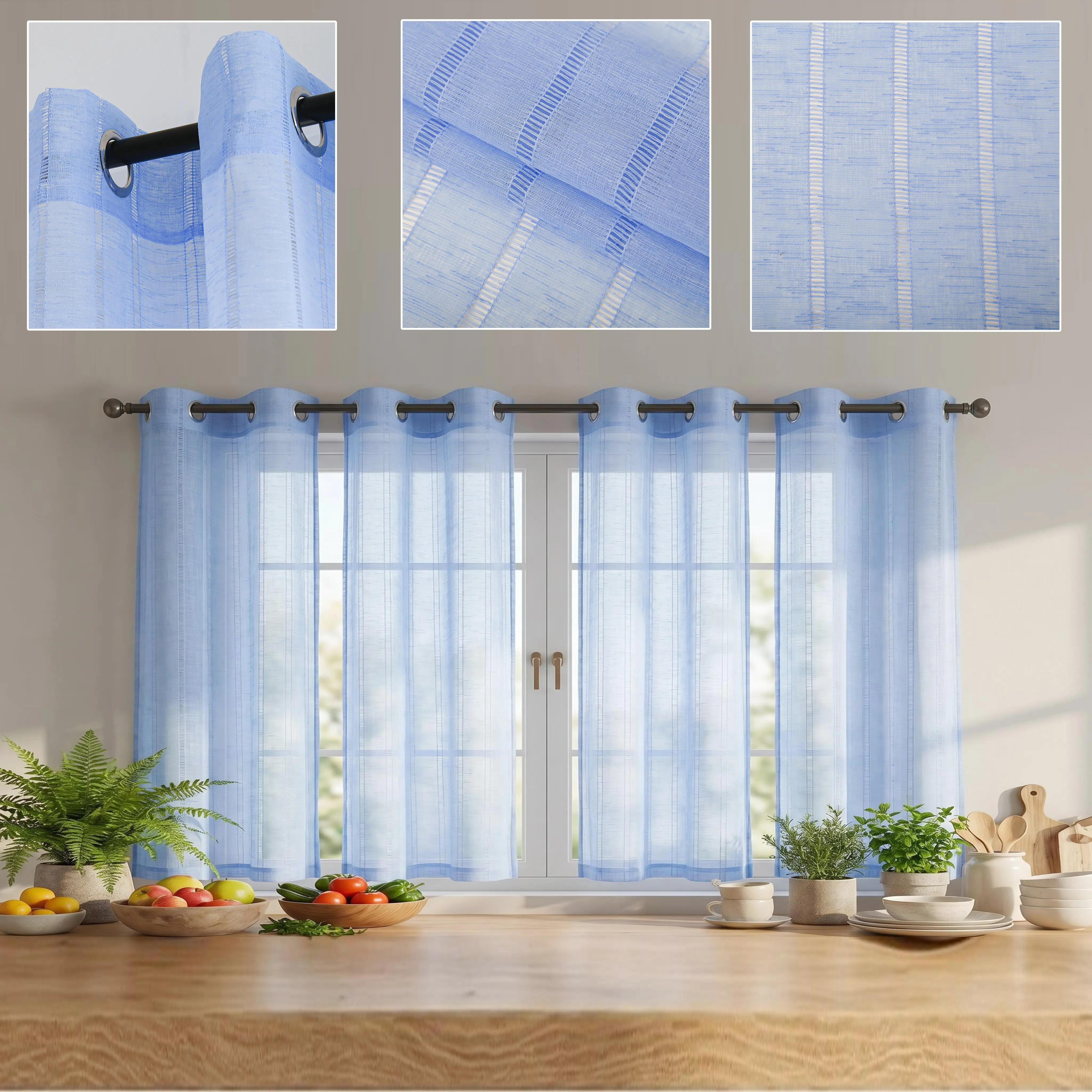 Window Curtains Bedroom, 4-Piece 26x36 Inch Grommet Top Sheer Drapes, Bamboo Gauze Yarn with Delicate Hollow-Out Stripes, Lightweight Solid Color for Living Room Home Decor FT6660