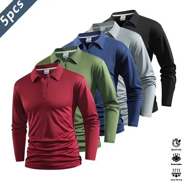 Men's 5-Piece Colorblock Polo Shirt Set, Casual Quick Dry Breathable Activewear for Year-Round Golf & Tennis, Plain