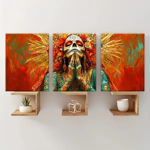 Day Of The Dead Skull Woman Pattern Canvas Painting with Frame, 3 Counts/set Modern Artistic Wall Art Painting, Wall Decor for Home Living Room Bedroom Office