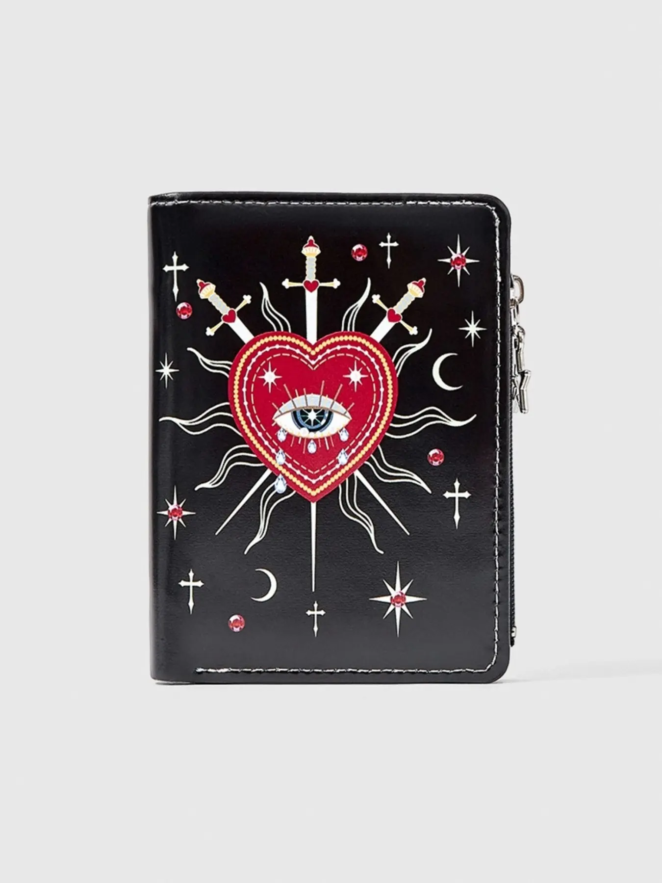 Gothic Women's Wallet, Bifold Wallet, Wallet Card Holder, Punk Style Zipper Coin Purse, Heart Eye Gem Crystal Design, Suitable for Daily Use, Card Coin Pouch, Wallets Women