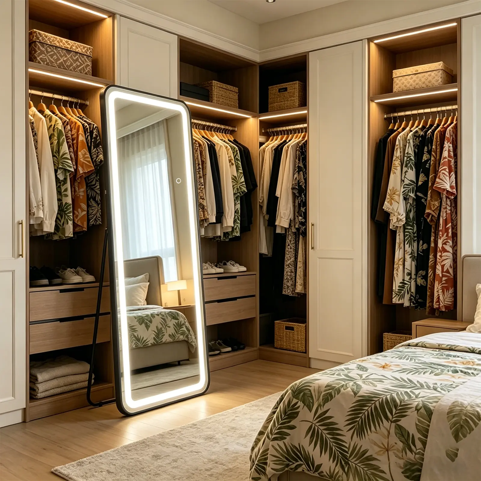 68" x 25"in  LED Floor Mirror with Rounded Corner Frame, 5mm Tempered Glass Full Length Dressing Mirror, Touch Control Lighted Standing Mirror with Adjustable Brightness for Bedroom Closet Vanity Room and Home Decor