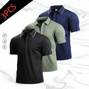 3-Pack summer men's sports polo shirt, simple casual style lapel contrasting color thin edge design, breathable, skin-friendly, quick-drying and anti-wrinkle, suitable for business office daily commuting sports and fitness wear, multi-color optional tops