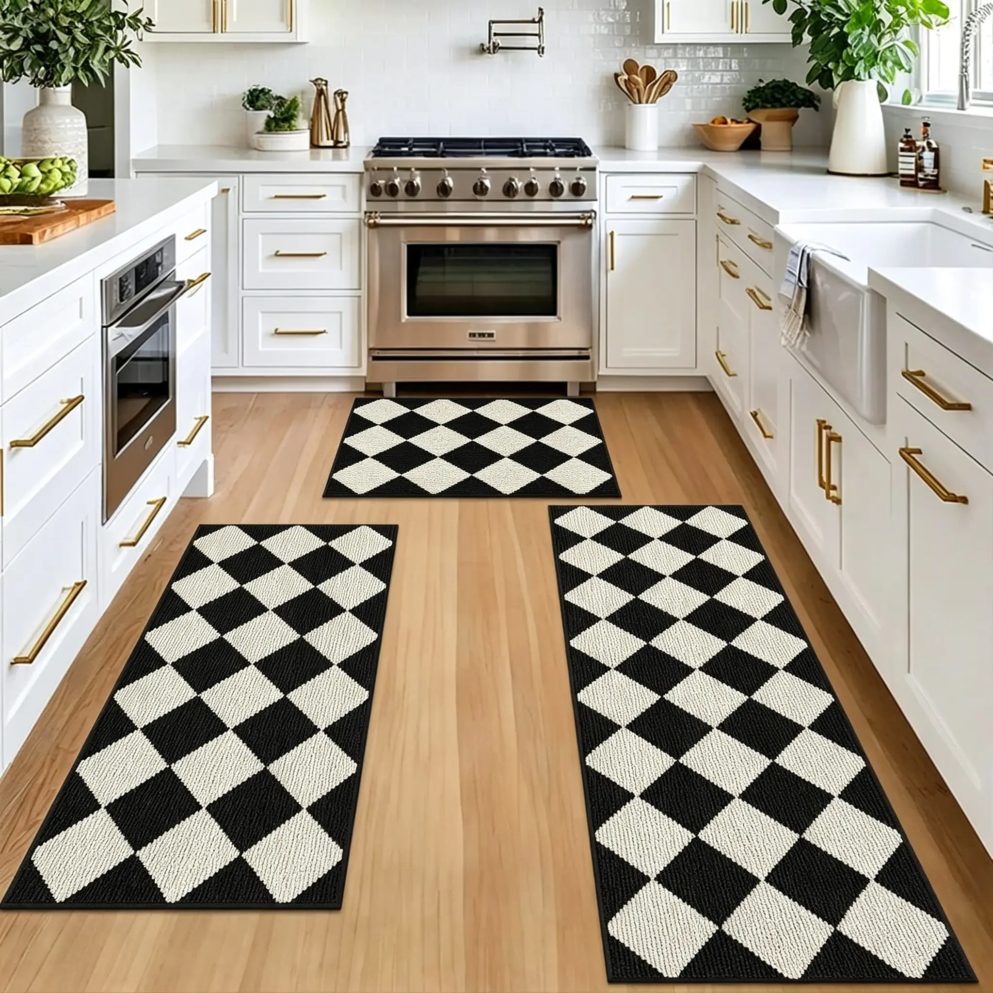 1/2/3-Piece Checkered & Floral Flannel Kitchen Area Rug Set - 2D Flat Print, Non-Slip, Washable, Foldable, Soft Vintage Traditional Look Indoor Rugs - Back-to-School Essential for Kitchen & Dorm