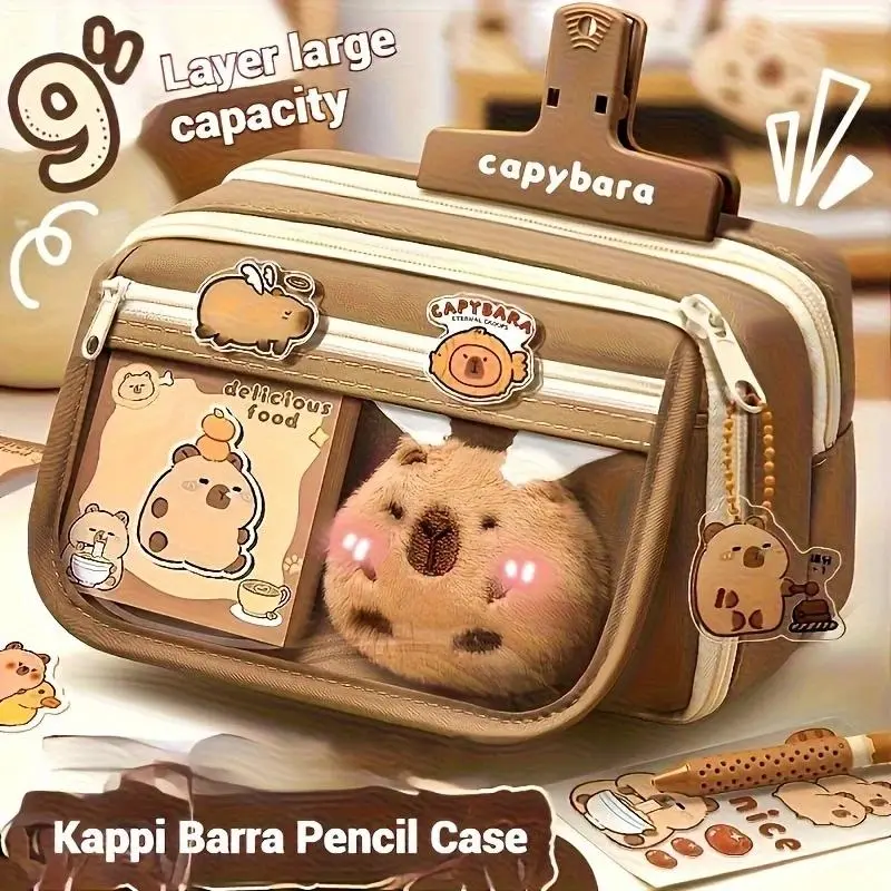 Capybara Pencil Case Set with Pencil Box and 10 Stickers, Cute Multi-Layer Capybara Organizer Pencil Bag for School, Office and Classroom Supplies, DIY Pouch for Pens and Rulers