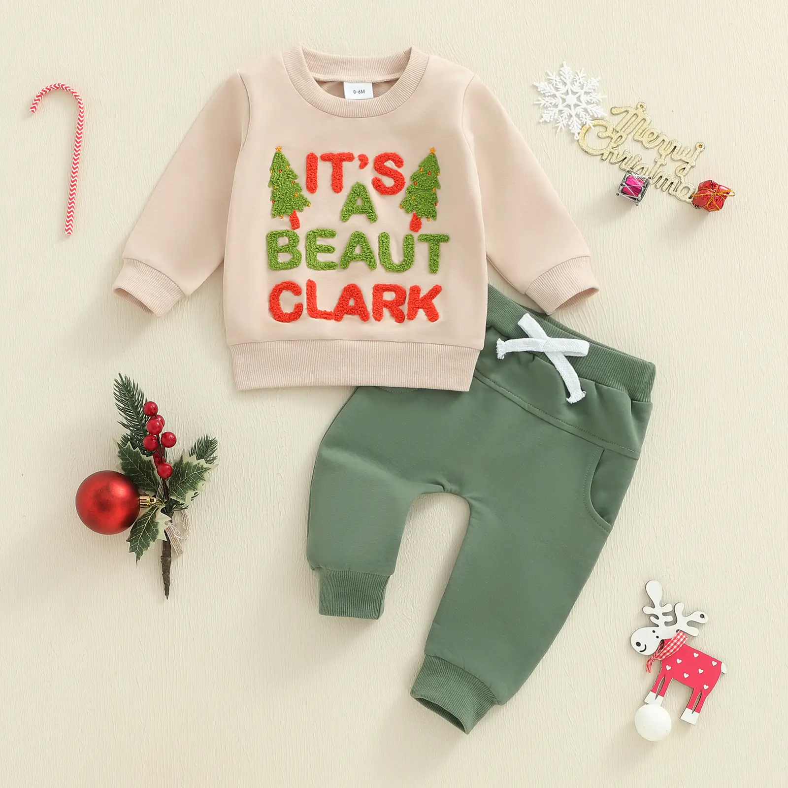 Toddler Baby Boy Christmas 2 Piece Outfits Long Sleeve Crew Neck Letter It's a Beaut Clark Embroidery Tops and Elastic Waist Pants Clothes Set