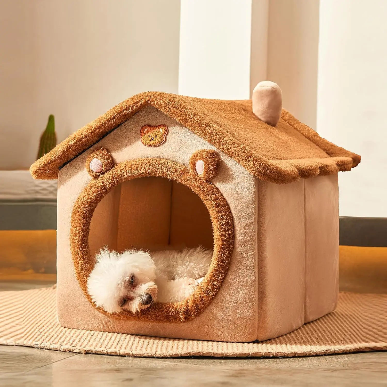 Cute Small Dog House Indoor, Foldable House Kennel Bed Mat with Cushion, M Size Tent Up to 15 Lbs, Dog Cave Bed with Non-Slip Bottom, Brown