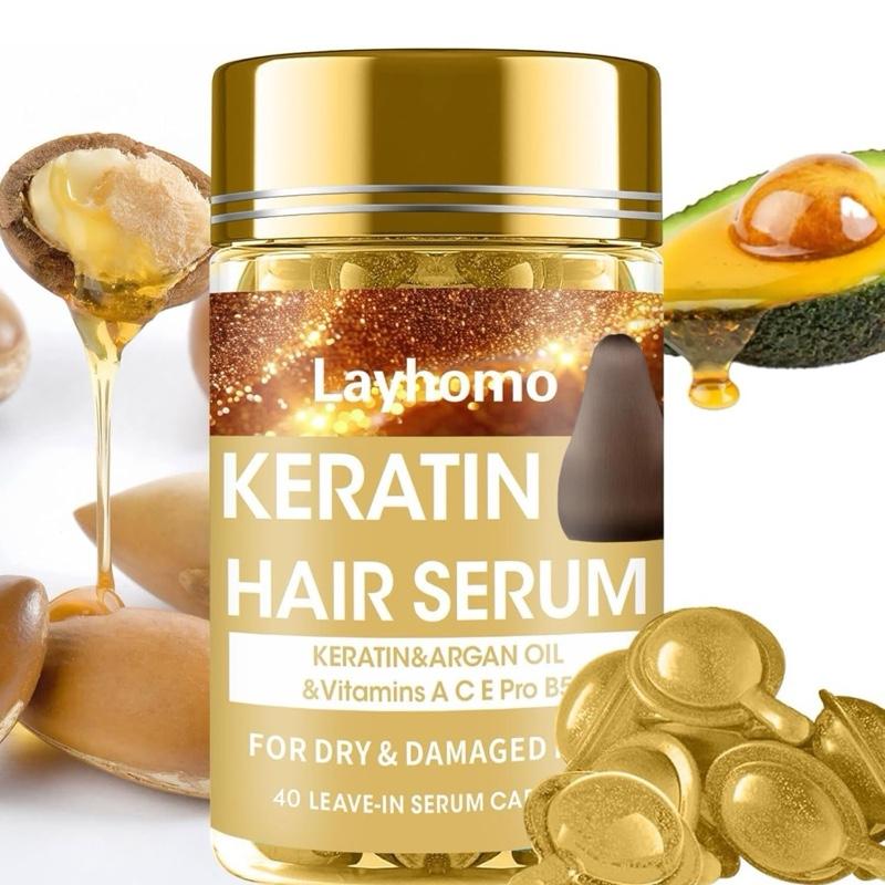 Keratin Hair Treatment Serum with Argan Oil & Vitamins A C E Pro B5 - Leave-in Anti Frizz Conditioner for Dry Damaged Hair - 40 Capsules Repair Haircare