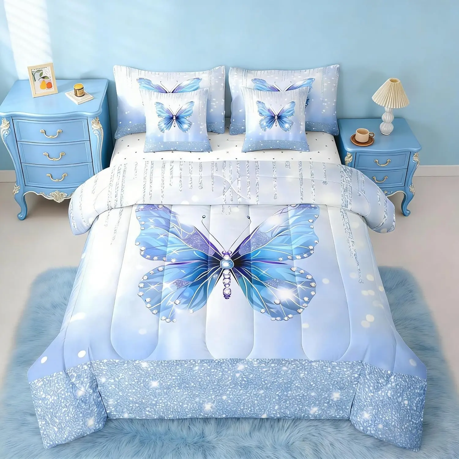 Butterfly Comforter Set with Sheets Dreamy Princess 7 Pieces Bedding Set Glitter Bed in a Bag Watercolor Butterflies Room Decor Soft Lightweight Microfiber